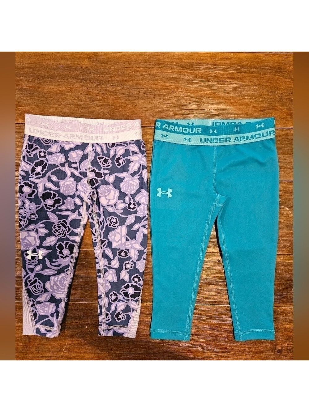 UNDER ARMOUR 2 PAIRS GIRL'S CROPPED LEGGINGS PURPLE FLORAL & TURQUOISE SIZE 4